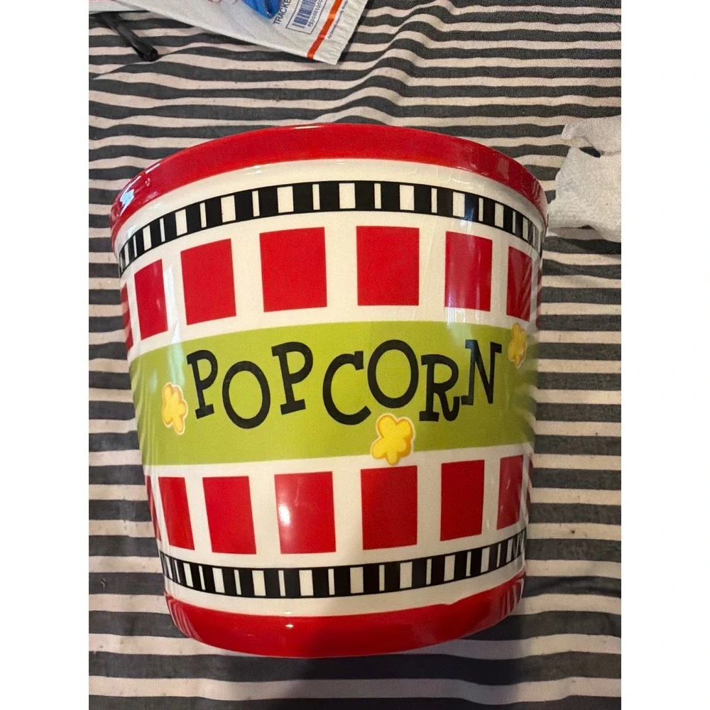 Pier 1 Imports Popcorn Bucket Hand Painted Earthenware Ceramic Movie Night Bowl